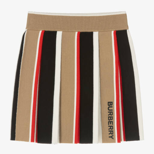 Burberry-Girls Beige Icon Stripe Wool Knit Skirt | Childrensalon