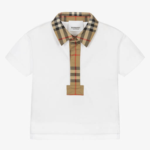 Burberry-White Check Baby Polo Shirt | Childrensalon