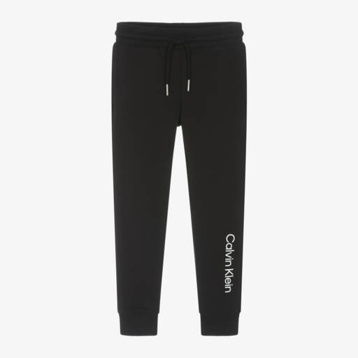 Calvin Klein-Black Cotton Joggers With Small White Logo | Childrensalon