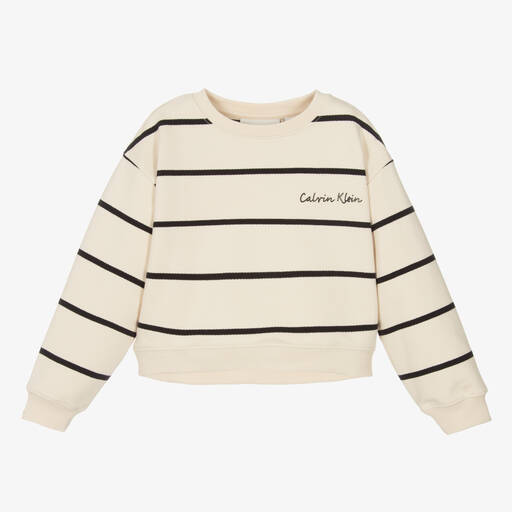 Calvin Klein-Girls Beige Stripe Cotton Sweatshirt | Childrensalon