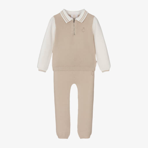 Caramelo Kids-Boys Beige Cotton Knit Trouser Set | Childrensalon