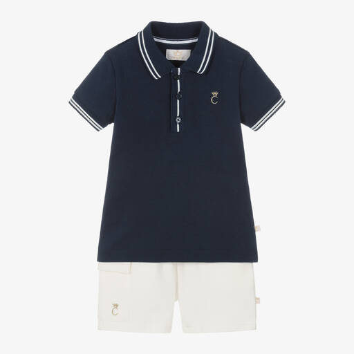 Caramelo Kids-Boys Navy Blue & Ivory Cotton Shorts Set | Childrensalon