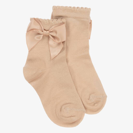 Carlomagno-Girls Beige Cotton Socks With Satin Bow | Childrensalon