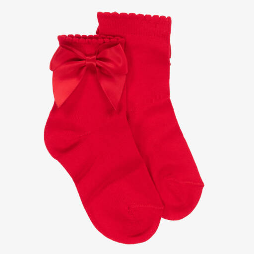 Carlomagno-Girls Red Cotton Socks With Satin Bow | Childrensalon