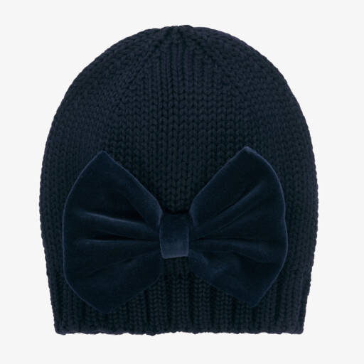 Catya-Girls Blue Wool Knit Velvet Bow Hat | Childrensalon