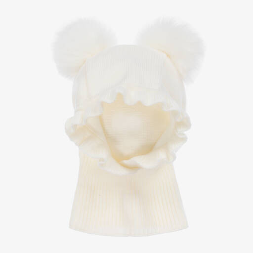 Catya-Girls Ivory Merino Wool Knit Pom-Pom Balaclava | Childrensalon