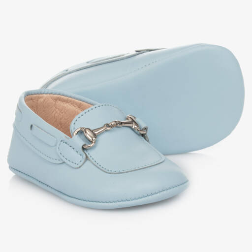 Children's Classics-Blue Leather Pre-Walker Shoes With Metal Snaffle | Childrensalon