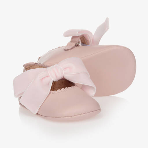 Children's Classics-Pink Leather & Velvet Bow Pre-Walker Shoes | Childrensalon