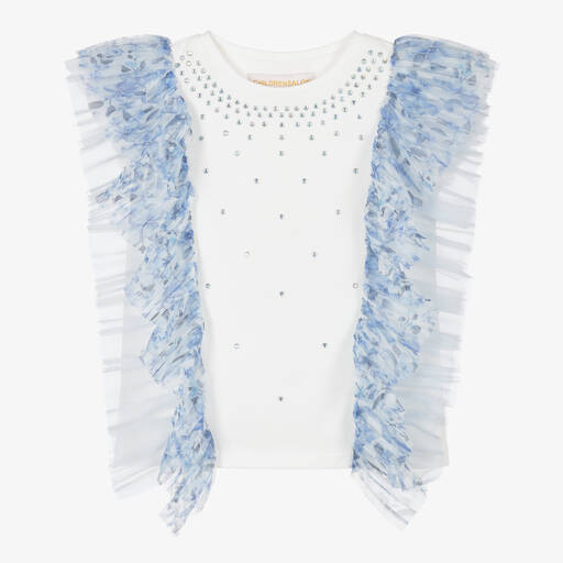 Childrensalon Occasions-Girls White Cotton & Pleated Tulle Top | Childrensalon