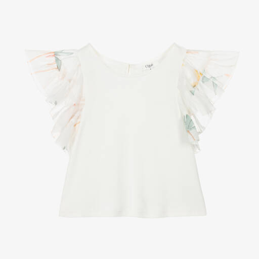 Chloé-Girls Ivory Cotton Ruffle T-Shirt | Childrensalon