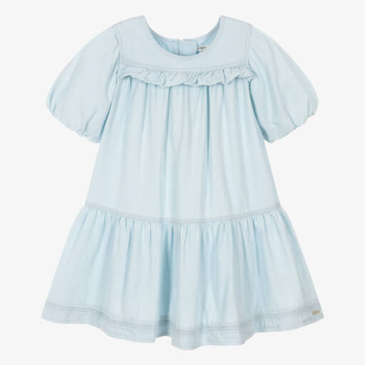 Chloé-Girls Pale Blue Denim Dress with Puffed Sleeves | Childrensalon