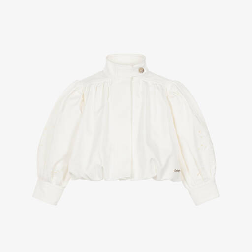 Chloé-Girls White Denim Jacket with Openwork Embroidery | Childrensalon
