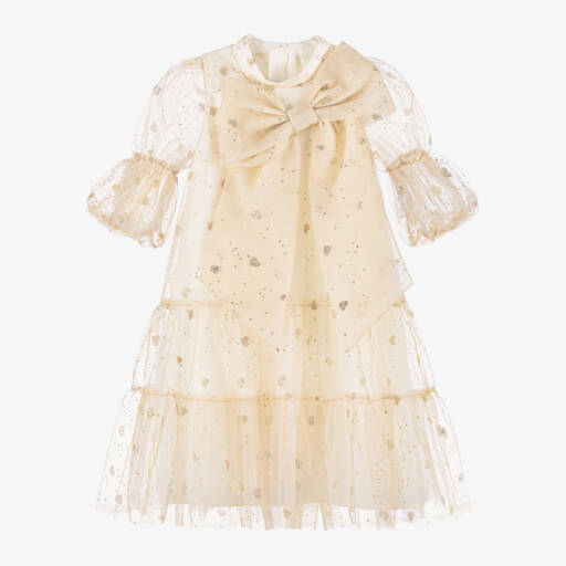Coeur by Childrensalon-Girls Gold Glittery Heart Tulle Dress | Childrensalon