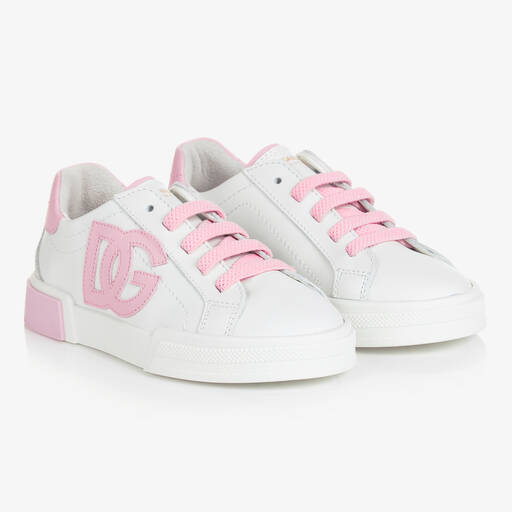 Dolce & Gabbana-Pink & White Leather DG Trainers | Childrensalon
