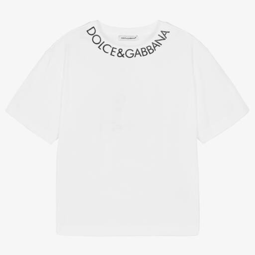 Dolce & Gabbana-White Cotton Jersey T-Shirt With Black Logo | Childrensalon