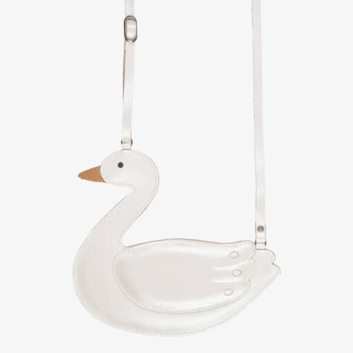 Donsje-Girls Pearlised Ivory Leather Swan Purse (16cm) | Childrensalon