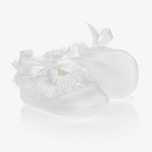 Early Days-Baby Girls White Silk Shoes with Lace & Bows | Childrensalon