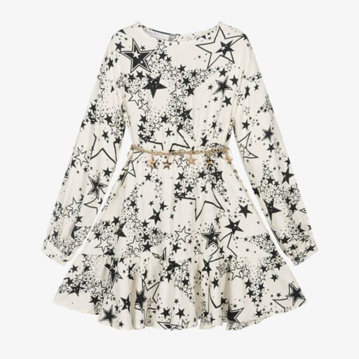 Elsy-Girls Ivory & Black Star Dress with Gold Chain Belt | Childrensalon