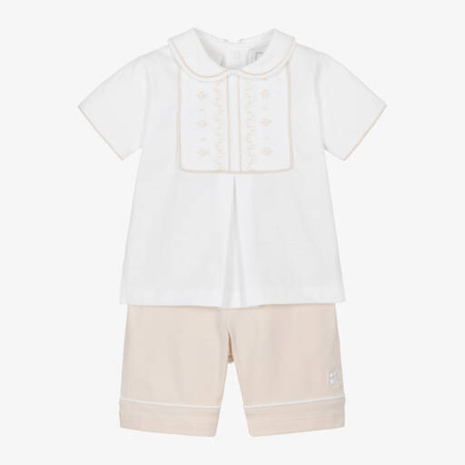 Emile et Rose-Baby Boys White & Beige Cotton Shorts Set | Childrensalon