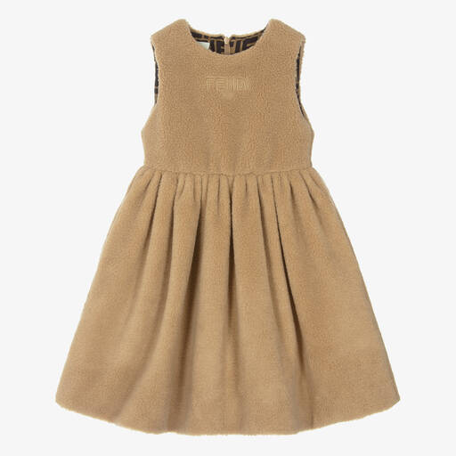 Fendi-Girls Beige Teddy Fleece Dress | Childrensalon