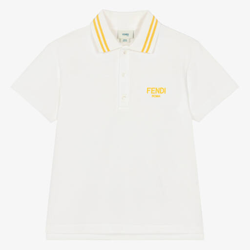 Fendi-Teen Boys Ivory Cotton Polo Shirt With Yellow Logo | Childrensalon