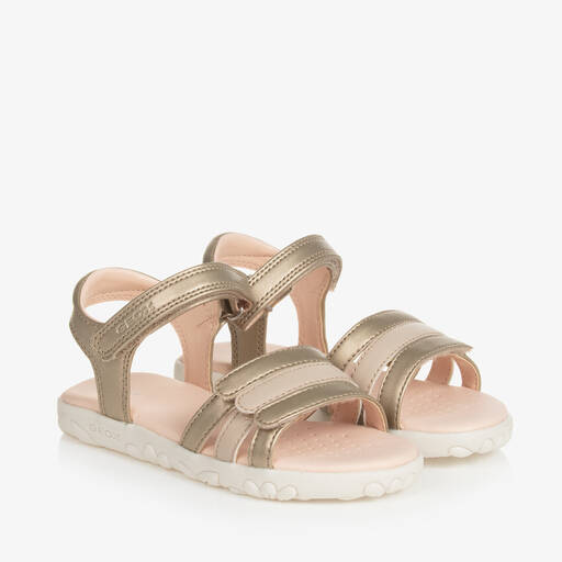 Geox-Girls Gold Faux Leather Velcro Sandals | Childrensalon