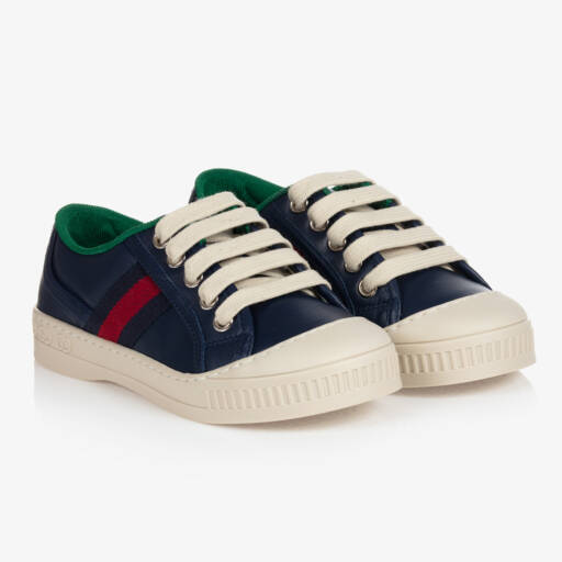 Gucci-Navy Blue Leather Trainers With Web Trim | Childrensalon