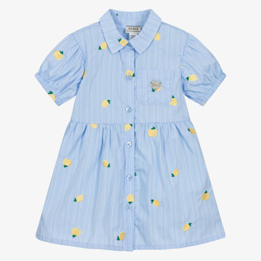 Guess-Baby Girls Blue Striped Shirt Dress with Embroidered Lemons | Childrensalon