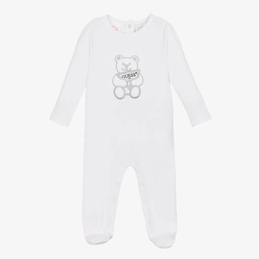 Guess-White Embroidered Cotton Bear Babygrow | Childrensalon
