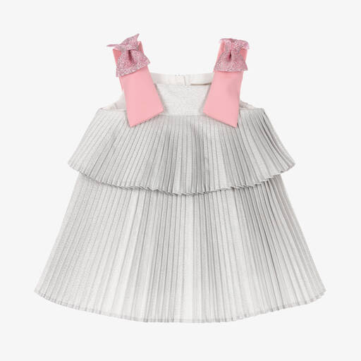 Hucklebones London-Baby Girls Glittery Silver Pleated Dress | Childrensalon