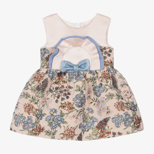 Hucklebones London-Baby Girls Pink Floral Brocade Bow Dress | Childrensalon