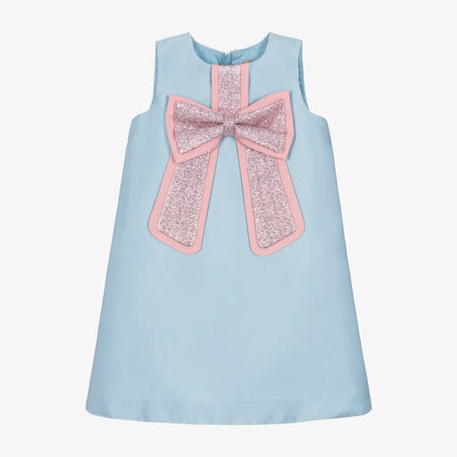 Hucklebones London-Girls Blue Satin & Pink Bow Dress | Childrensalon