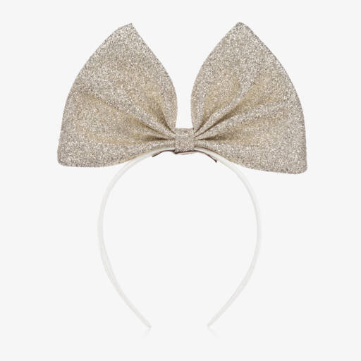 Hucklebones London-Girls Glittery Gold Bow Hairband | Childrensalon