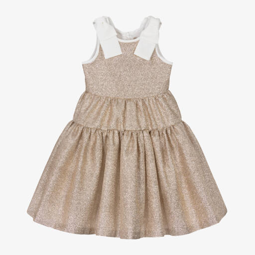 Hucklebones London-Girls Gold Glittery Bow Dress | Childrensalon