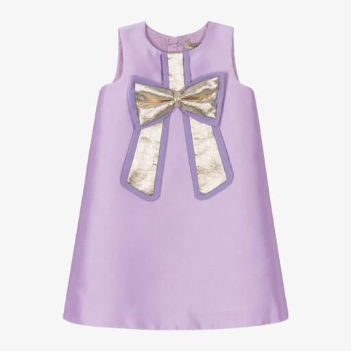 Hucklebones London-Girls Lilac Purple & Gold Bow Dress | Childrensalon