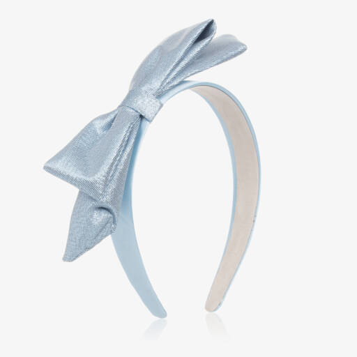 Hucklebones London-Girls Metallic Blue Bow Satin Hairband | Childrensalon