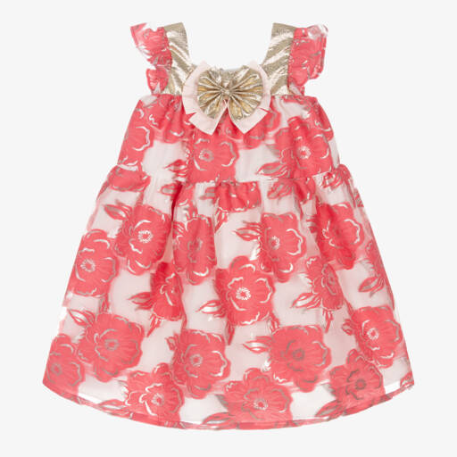 Hucklebones London-Girls Pink Floral Jacquard Dress | Childrensalon