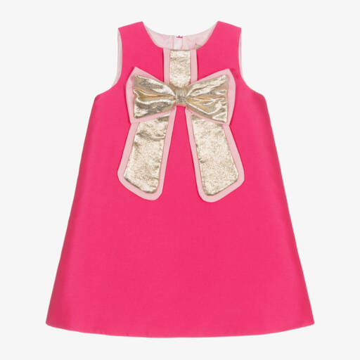 Hucklebones London-Girls Pink Satin & Gold Bow Dress | Childrensalon