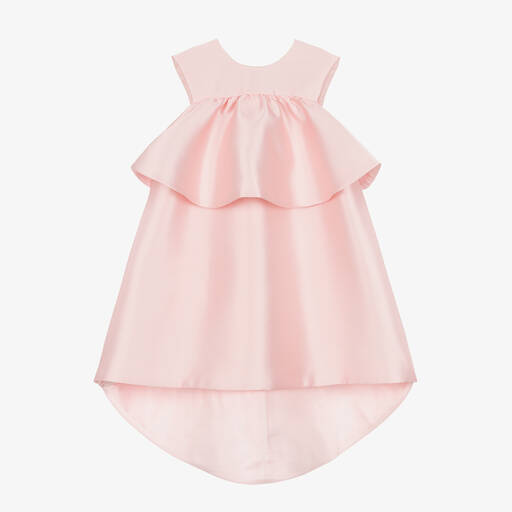 Hucklebones London-Girls Pink Satin Ruffle Bow Dress | Childrensalon