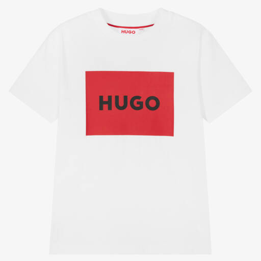 HUGO-Boys White Organic Cotton T-Shirt with Red Box Logo | Childrensalon