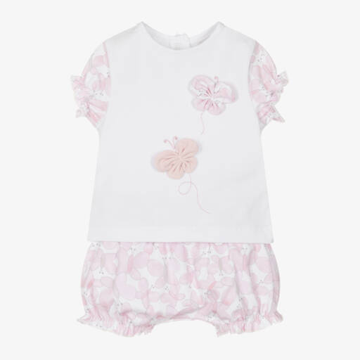 iDO Mini-Baby Girls White & Pink Butterfly Shorts Set | Childrensalon