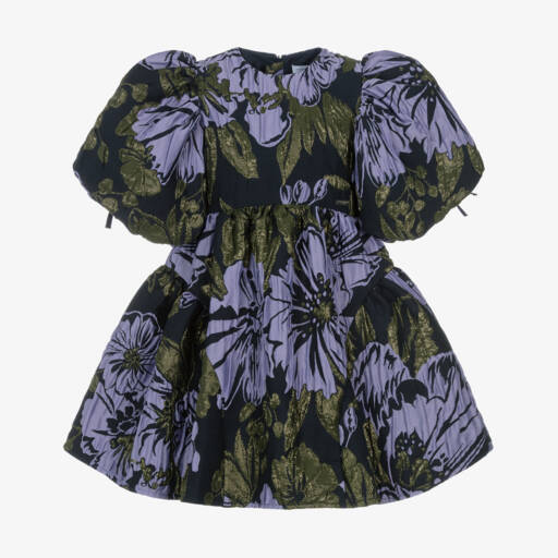 Jessie and James London-Girls Navy Blue & Lilac Cotton Floral Jacquard Dress | Childrensalon