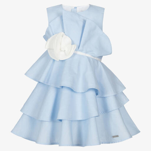 Jessie and James London-Платье голубое с оборками и цветочной аппликацией для девочек | Childrensalon