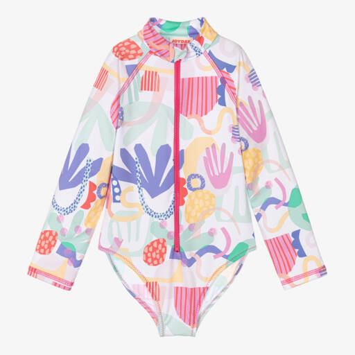 Joyday-Girls White & Pink Long-Sleeved Swimsuit (UPF50+) | Childrensalon