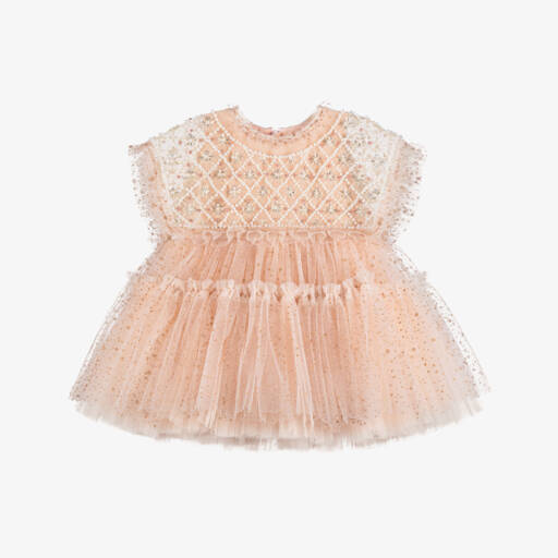 Junona-Baby Girls Dusky Pink Glitter Tulle Dress with Beaded Collar | Childrensalon
