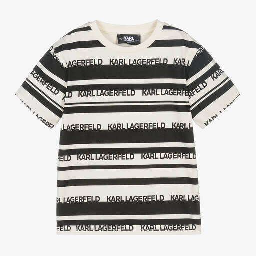 KARL LAGERFELD KIDS-Boys Ivory & Black Striped Cotton T-Shirt | Childrensalon