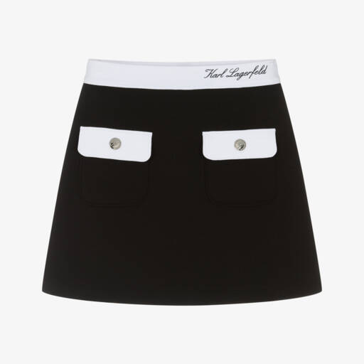 KARL LAGERFELD KIDS-Girls Black Double Jersey Skirt with Contrast White Trim | Childrensalon