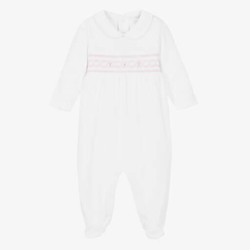 Kissy Kissy-Girls White Pima Cotton Smocked Babygrow | Childrensalon