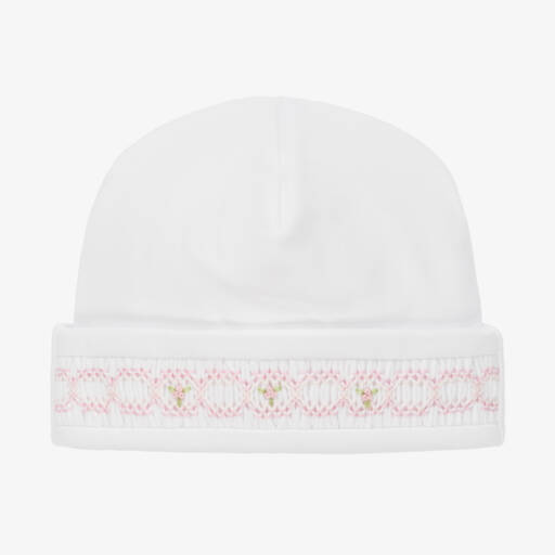 Kissy Kissy-White Pima Cotton Baby Hat With Floral Embroidery | Childrensalon
