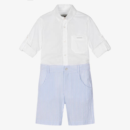 Lapin House-Boys White Shirt & Blue Striped Cotton Shorts Set | Childrensalon
